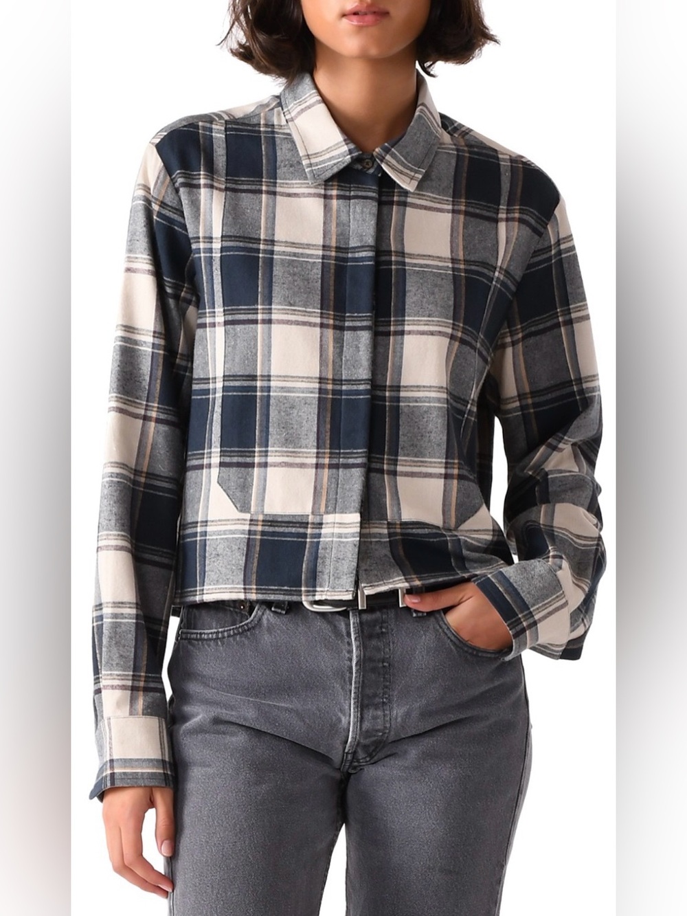 CISSA Cropped Plaid Bib Front Japanese Flannel Button Down Shirt Cotton XS